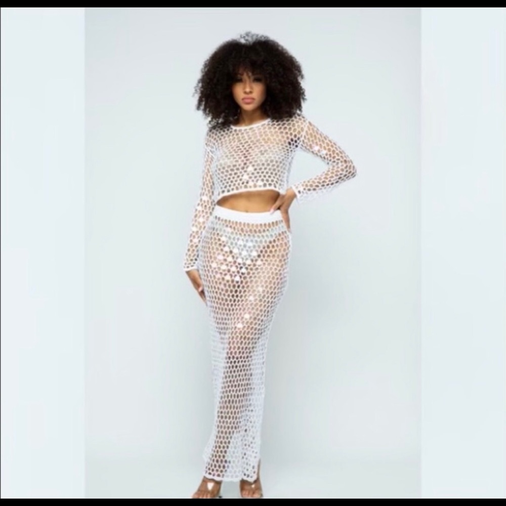 White Sequin Cutout Knit Two Piece Cover Up Set
